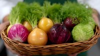 Fresh colorful organic vegetables in woven basket including purple, yellow and red onions with green lettuce leaves, healthy natural produce.