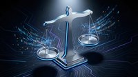 Digital justice scales with glowing circuit board patterns representing legal technology, artificial intelligence in law, and modern judicial systems.