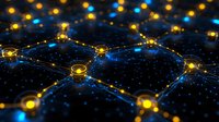 Glowing network of interconnected golden nodes and blue light paths on dark background representing digital technology and data connections.