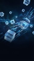 Floating translucent cubes connected by glowing blue digital lines and data streams on dark background, representing blockchain technology, cryptocurrency, and distributed network systems.