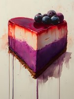 Slice of layered berry cheesecake with dripping purple and red glaze, topped with fresh blueberries and blackberries on chocolate cookie base, watercolor style.