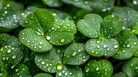 Fresh green clover leaves covered with morning dew drops creating natural water pearls on vibrant foliage for spring garden and wellness concepts.