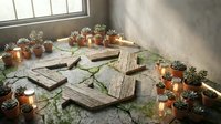 Rustic wooden planks arranged on a moss-covered stone floor surrounded by succulent plants in terracotta pots and glowing candle lanterns.
