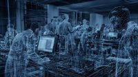 Digital wireframe visualization of modern office space with people working at computers, showing architectural and human elements in blue monochromatic tones.