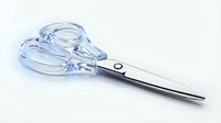 Transparent blue glass scissors with stainless steel handles isolated on white background, suitable for craft, sewing, office and design projects.