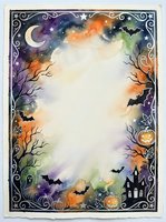 Watercolor Halloween border frame with bats, pumpkins, haunted house, crescent moon, and spooky trees on colorful night sky background.