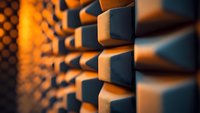 Acoustic foam panels in dramatic orange lighting create depth and shadow pattern. Professional sound absorption material for recording studio and music production.