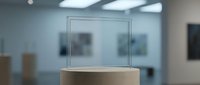 Empty glass display case on wooden pedestal in modern gallery or museum exhibition space with blurred background for product showcase presentations.