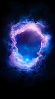 Mystical portal in night sky with glowing blue and purple clouds forming circular opening to starry cosmos, creating ethereal supernatural atmosphere.