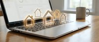 Wooden house models on laptop keyboard representing real estate technology, property investment, online mortgage applications, and digital home buying services.