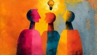 Colorful abstract silhouettes of three figures with light bulb symbolizing idea sharing, innovation and teamwork against vibrant orange and blue background.