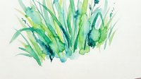 Abstract watercolor grass blades in green and blue tones on white background. Organic botanical artwork for nature-themed designs and spring decor.