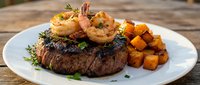 Grilled steak topped with garlic butter shrimp, served with roasted sweet potato cubes and fresh herbs on white plate for fine dining restaurant menus.