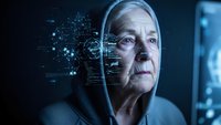 Senior Caucasian woman interacting with futuristic holographic interface displaying digital data networks and technological elements in blue lighting.