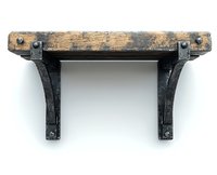 Rustic wooden wall shelf with black metal brackets isolated on white background. Vintage style home decor element with distressed wood plank and industrial supports.