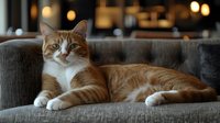 Ginger and white cat relaxing on gray couch in moody interior with bokeh lights background, looking directly at camera with confident expression.