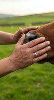 Caucasian male farmer's hands gently touching horse's face in rural pasture setting, conveying trust and care in equestrian agriculture and animal husbandry practices.