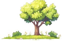 Cartoon green tree with lush foliage on grassy meadow with small bushes and flowers, hand-drawn style for children's book illustrations.