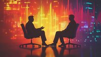 Silhouettes of two businesspeople having conversation against futuristic cityscape background with glowing orange and purple digital data visualization effects.