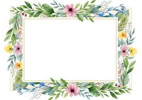Watercolor floral frame with pink, yellow, and blue flowers, green leaves, and branches on white background. Isolated design element suitable for invitations, cards, and digital projects.