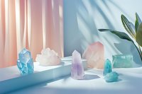 Colorful healing crystals and gemstones arranged on white surface with soft natural lighting and tropical plant leaves creating peaceful meditation space.