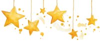 Watercolor golden stars hanging on strings with splashes and dots, festive holiday decoration for Christmas or celebration designs.
