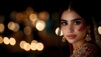 Young South Asian woman in traditional red and gold bridal attire with intricate jewelry and henna designs against warm bokeh lights for wedding celebrations.