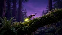 Glowing firefly on moss-covered branch in enchanted forest at twilight with purple sky and silhouetted trees creating magical woodland atmosphere.