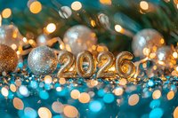 Golden numbers 2026 with silver and gold Christmas balls against blurred turquoise background with glowing bokeh lights creating festive holiday atmosphere.