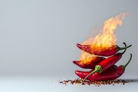 Red hot chili peppers on fire with dramatic flames, scattered spice flakes on white background, bold concept for food and spicy cuisine themes.