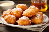Golden fried donuts with powdered sugar on white plate served with coffee and honey for breakfast or dessert indulgence.