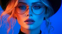 Young woman in round glasses illuminated by dramatic orange and blue neon lighting, wearing black hat, with sensual expression and glossy lipstick, modern beauty portrait.