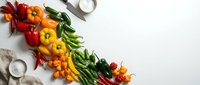 Fresh colorful bell peppers and green beans arranged on white surface with kitchen utensils and glasses, overhead flat lay composition for culinary and cooking content.