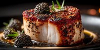 Seared scallop with black caviar and herbs on dark plate, gourmet seafood dish for fine dining restaurant menu and culinary presentations.