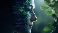 Digital profile transforming into nature with green leaves, representing artificial intelligence and environmental technology connection.