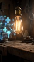 Vintage Edison bulb illuminated with glowing medical symbols and caduceus icons floating nearby, representing healthcare innovation and bright ideas in medicine.