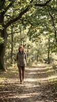Middle-aged Caucasian woman walking on forest path wearing olive jacket and brown pants surrounded by lush green trees in natural outdoor setting.