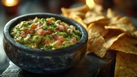 Fresh guacamole dip with diced tomatoes and herbs served in traditional stone molcajete bowl with crispy tortilla chips for Mexican cuisine and appetizers.