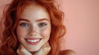 Young redhead woman with freckles and bright smile on pink background, natural beauty portrait showing genuine happiness and confidence.