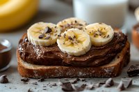 Chocolate spread toast topped with fresh banana slices and cocoa nibs on rustic wooden surface for breakfast menu design and food photography projects.