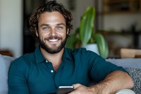 Cheerful bearded man in teal polo shirt relaxing on couch at home while using smartphone. Natural window lighting creates warm atmosphere with green plant in background.