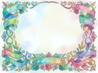 Watercolor decorative frame with colorful ribbons, floral elements, and swirling ornaments on a soft pastel background, perfect for certificates and invitations.