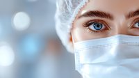 Close-up of medical professional's blue eyes wearing protective surgical mask and cap against blurred hospital background with bokeh lights.