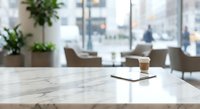Modern marble table surface with smartphone in blurred office cafe interior background for product display and business presentation mockup.