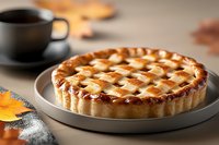 Freshly baked apple pie with golden lattice crust on ceramic plate, autumn maple leaves and black coffee cup in background, cozy fall baking scene.