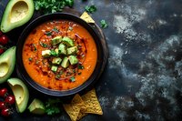 Creamy tomato soup with avocado cubes and herbs in black bowl, healthy vegetarian meal with fresh ingredients on dark rustic background.