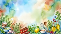 Watercolor cooking ingredients border with fresh herbs, vegetables, spices and kitchen utensils on white background for culinary designs and recipe cards.