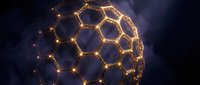 Golden hexagonal molecular structure with glowing nodes on dark background, representing nanotechnology, chemistry, and scientific innovation for research and education.