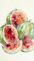 Watercolor painting of fresh watermelons with juicy red flesh and black seeds on light background for summer designs and healthy eating concepts.