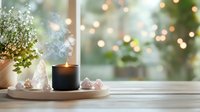Aromatic black candle with smoke, healing crystals and fresh herbs on ceramic tray against blurred window with bokeh lights creating cozy atmosphere.